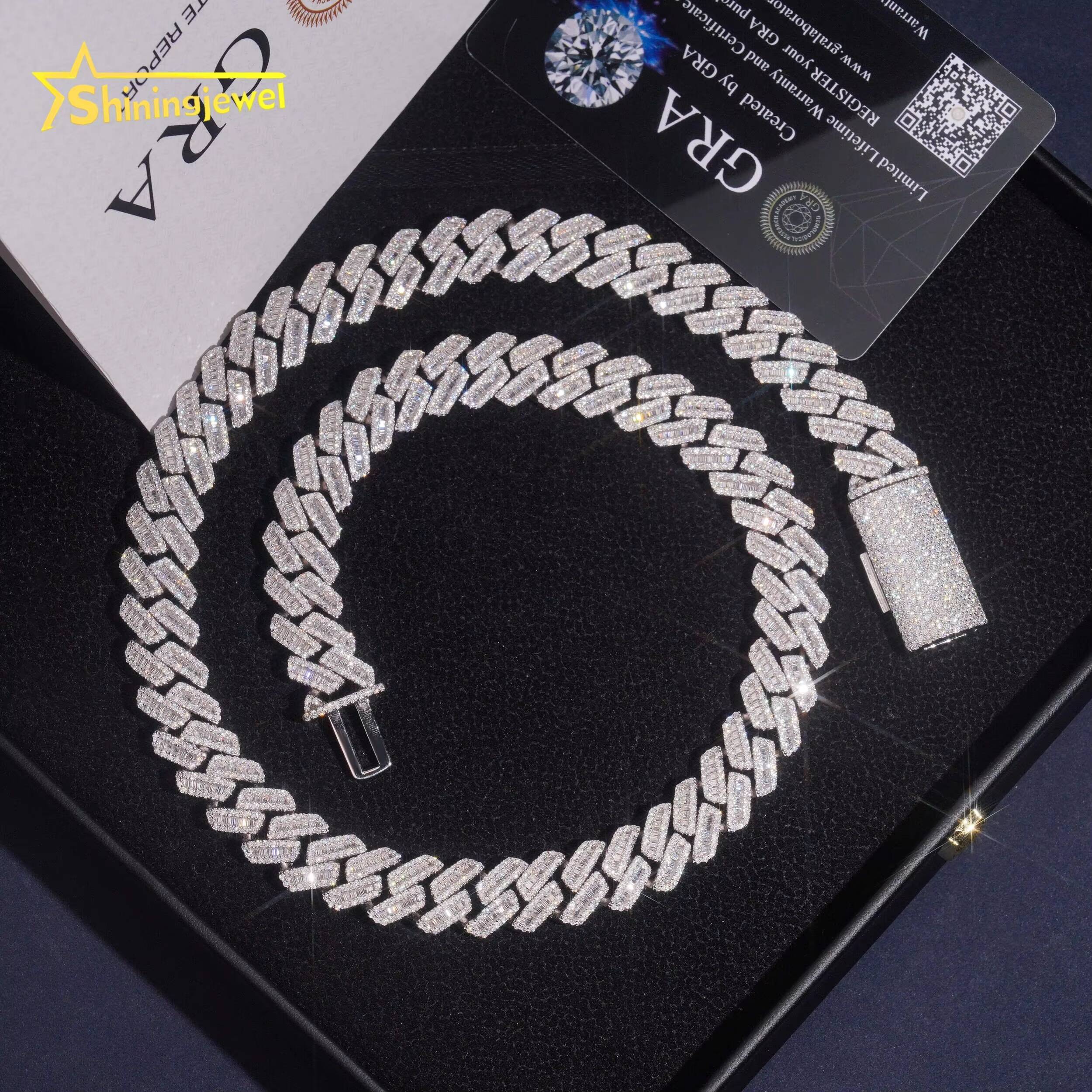 High Quality Iced Out 925 Silver 12mm Baguette Diamond Custom Hip Hop Necklace Cuban Link Chain