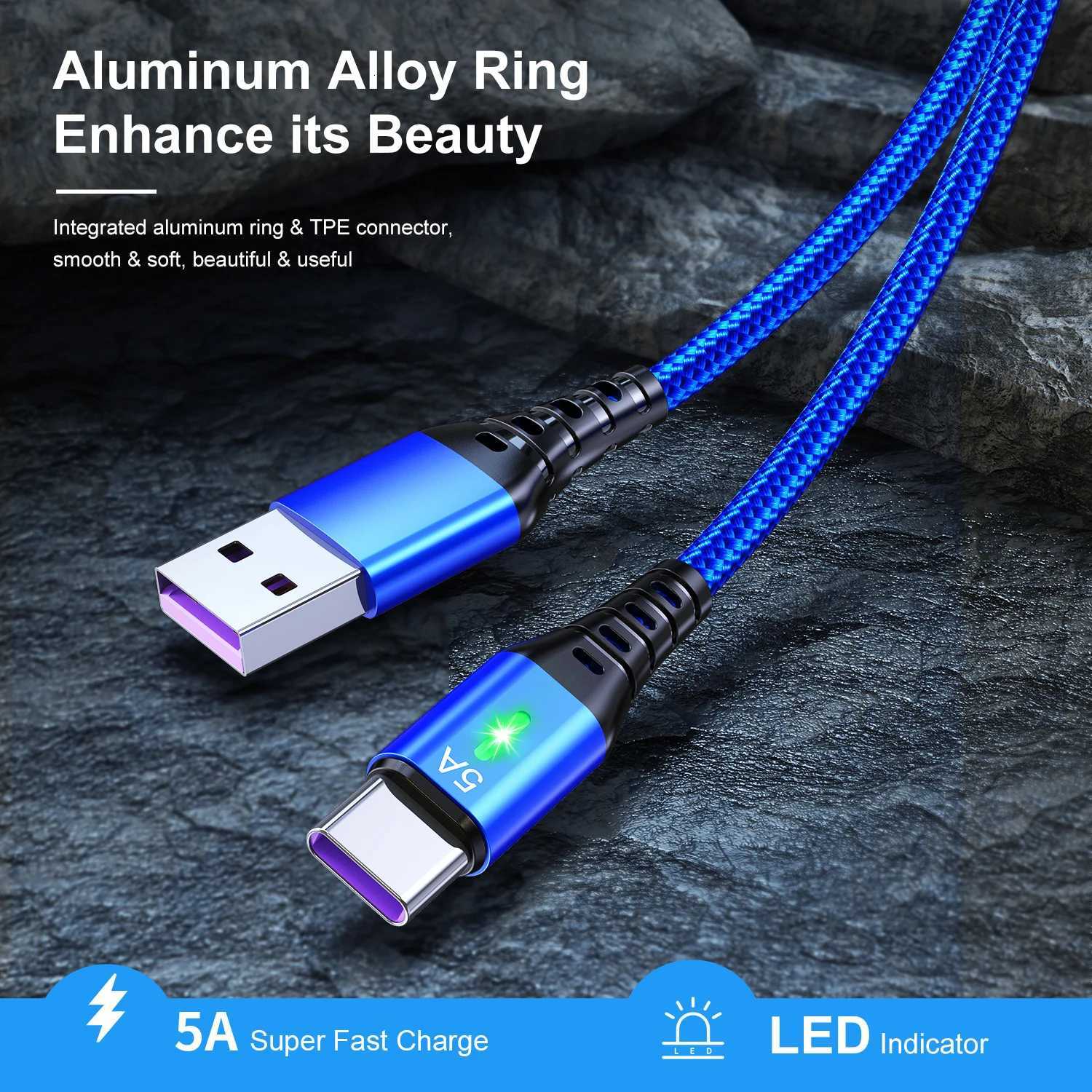 5A USB Type C Fast Charging Cable for Mobile Phone Quick Charger Data Cable LED Nylon Braided Wire 0/1M/2M/ C251203