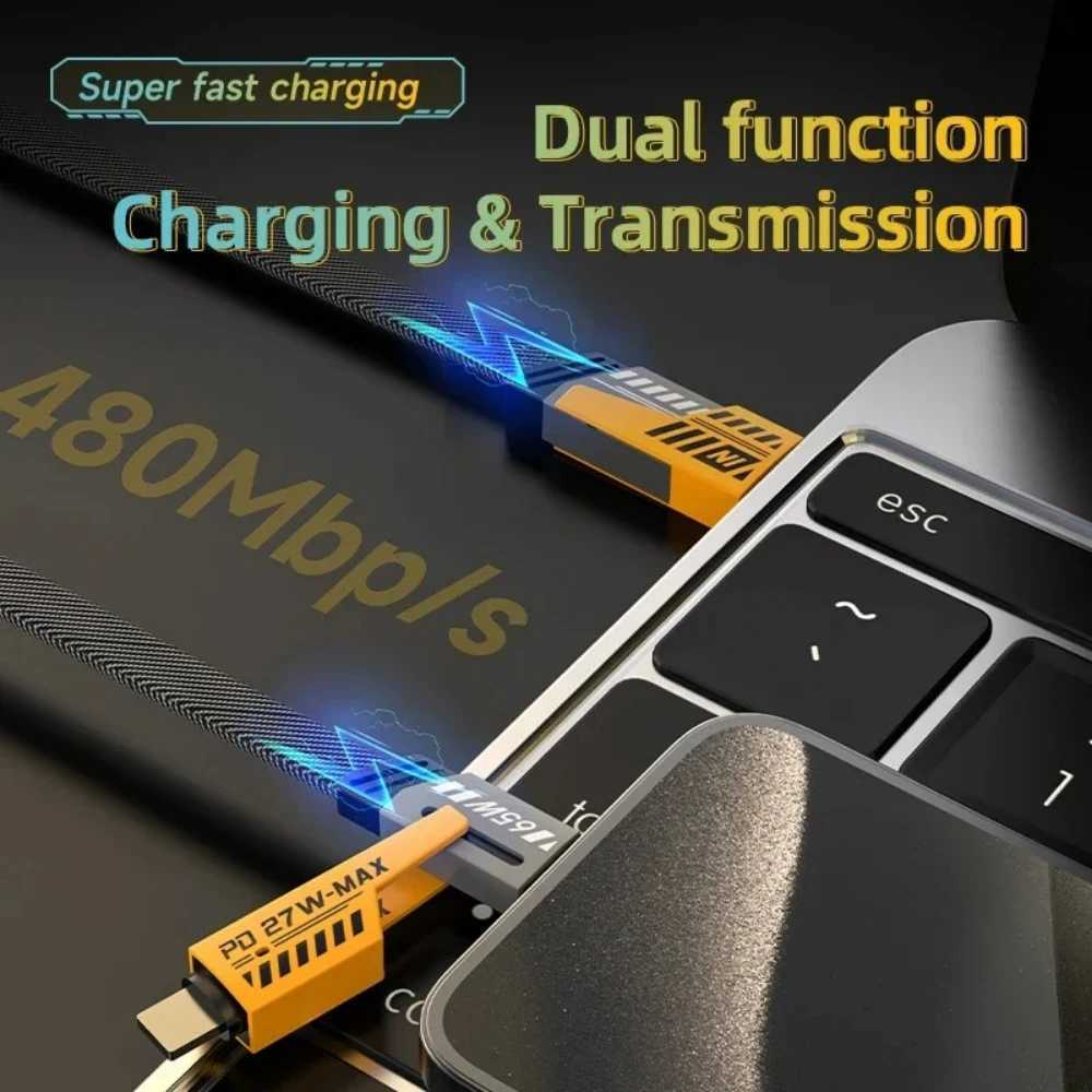 65W USB Type C Cable 4 in 1 PD 27W Fast Charging Data Cable For iPhone 15 14 13 Pro Max iPad USB C Cable C251203