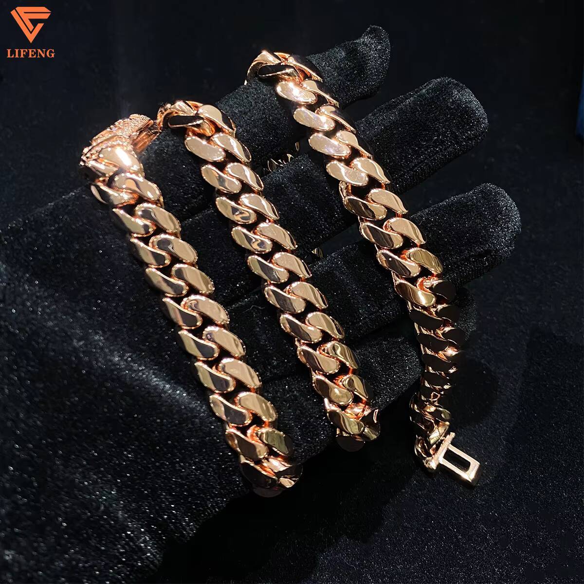 Rose Gold Iced Out Custom Moissanite Clasp 12mm Solid 925 Sterling Silver Plain Hip Hop Miami Cuban Chain for Men