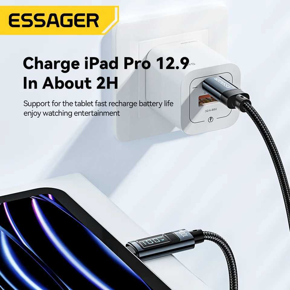 Essager 100W USB Type C Cable 90 LED Digital Display Cable 5A PD Fast Charging For iPhone 16 15 Book C251203