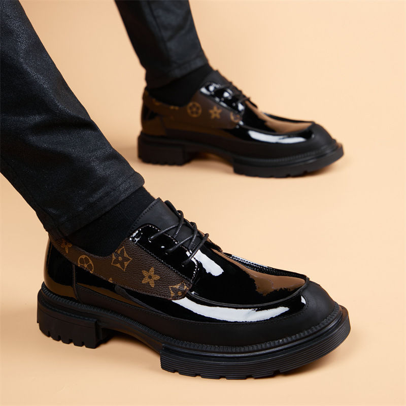 2025 New Style with Patterns Business Casual Men's Leather Shoes British and Korean Style Casual Lace-up Inner Heightening Men's Shoes