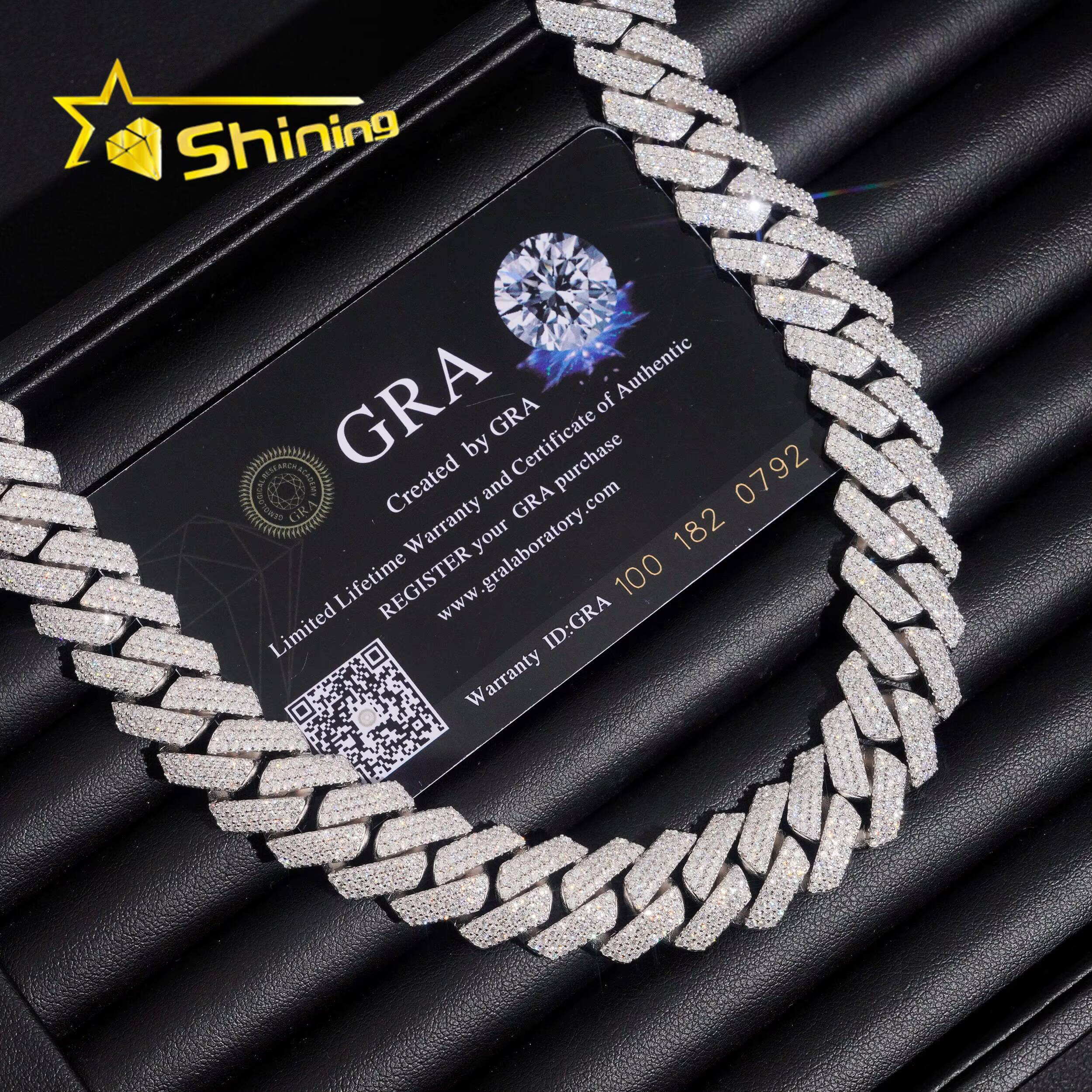 GRA Certificated 15mm 3 Rows Moissanite Cuban Link Chain Hip Hop Jewelry Custom Men 925 Silver Iced Out Diamond Cuban Link