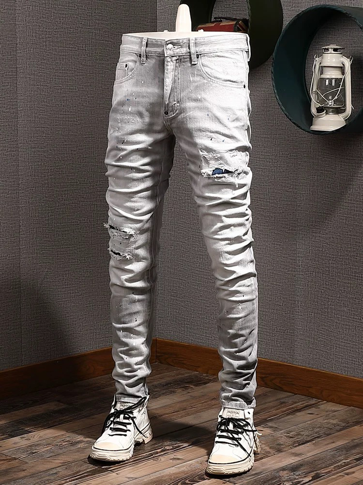 Gray Jeans Patchwork Distressed Whisker-Washed Slim Fit For Men's