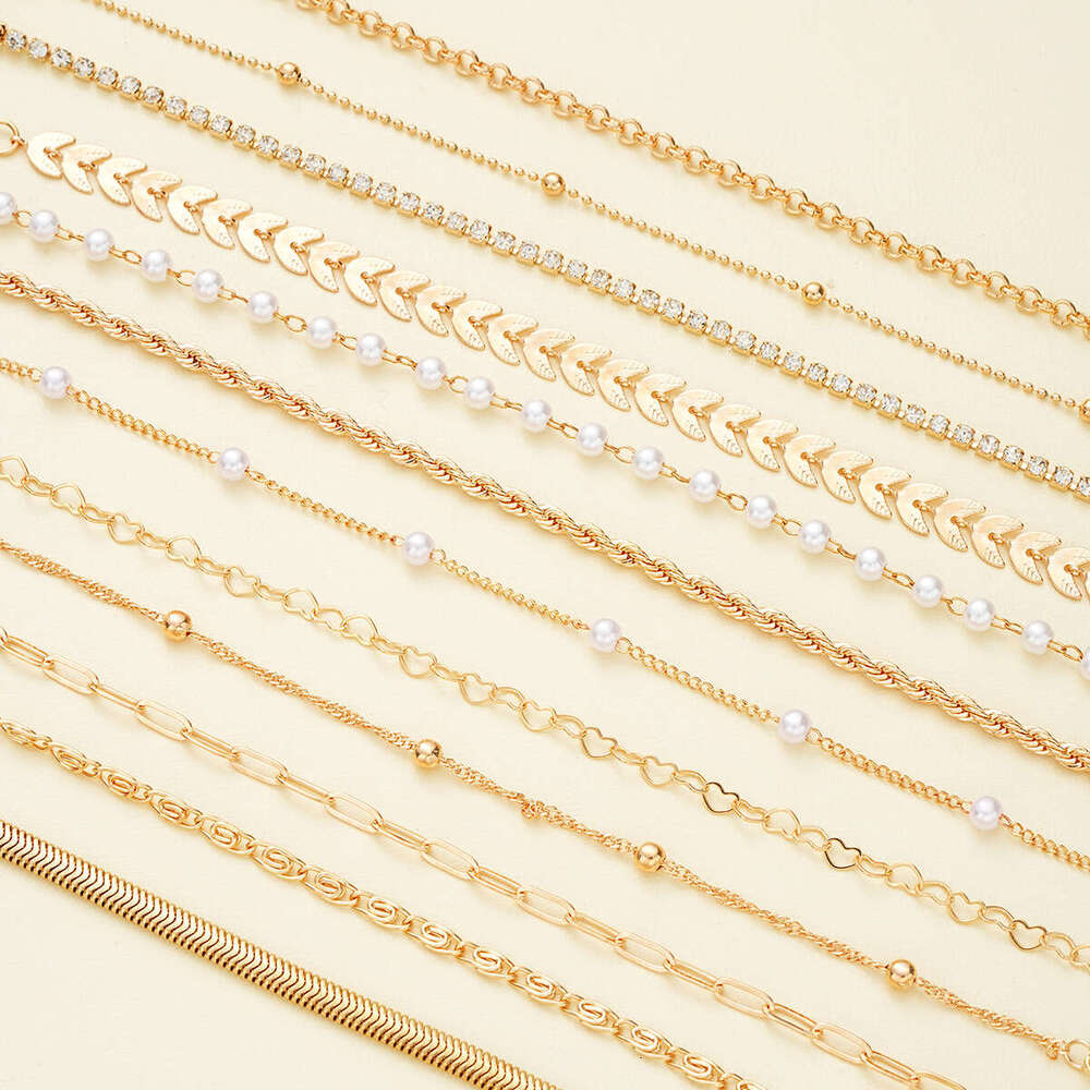 European and American 12-Piece Fashion Metal Minimalist Bracelet Set Leaf Imitation Pearl Beaded Jewelry designer luxury jewelry gold alloy bracelets