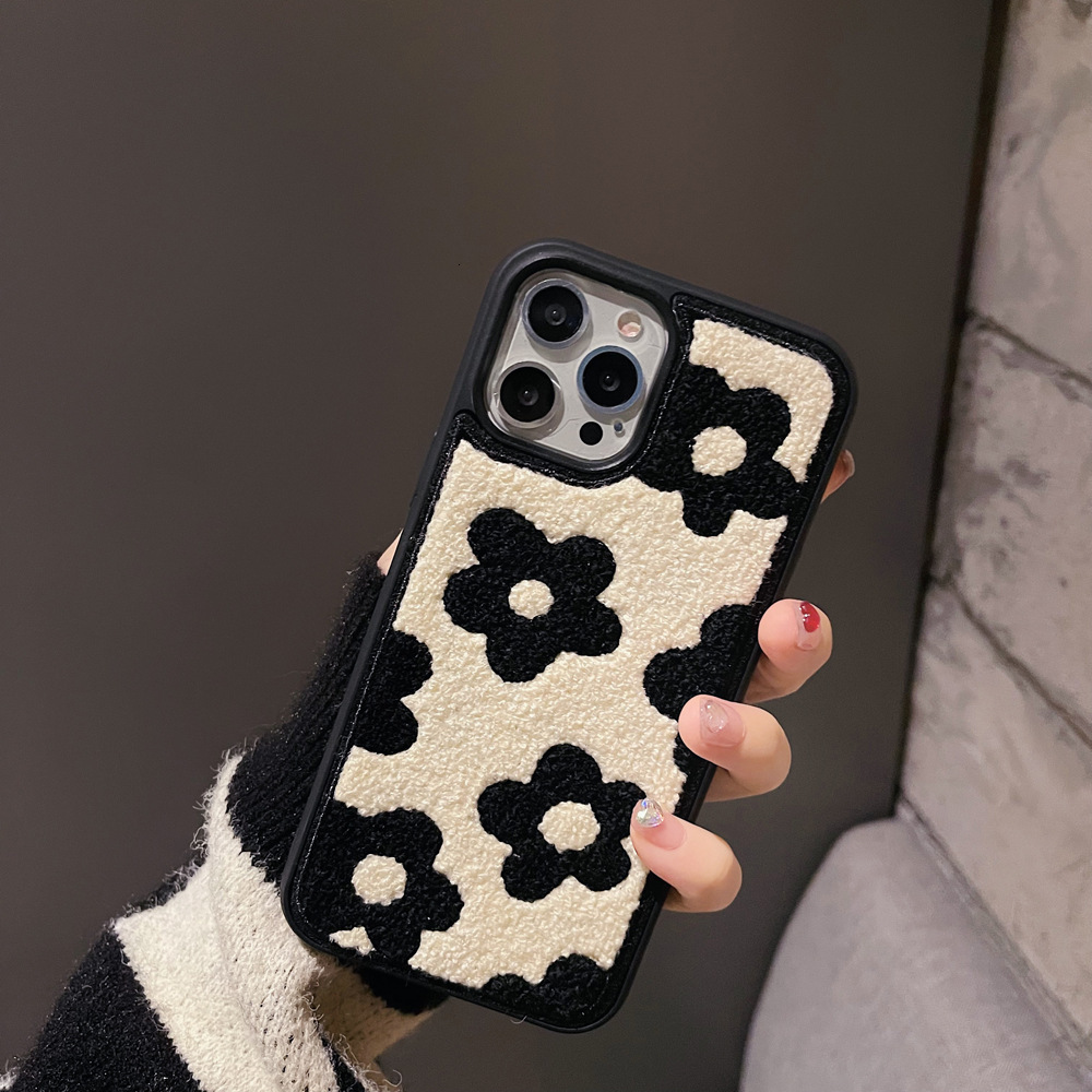 Plush Embroidered Black Flower Phone Case for iPhone 17 Pro Max, Apple 16/15/14, Autumn Winter Shockproof Cover