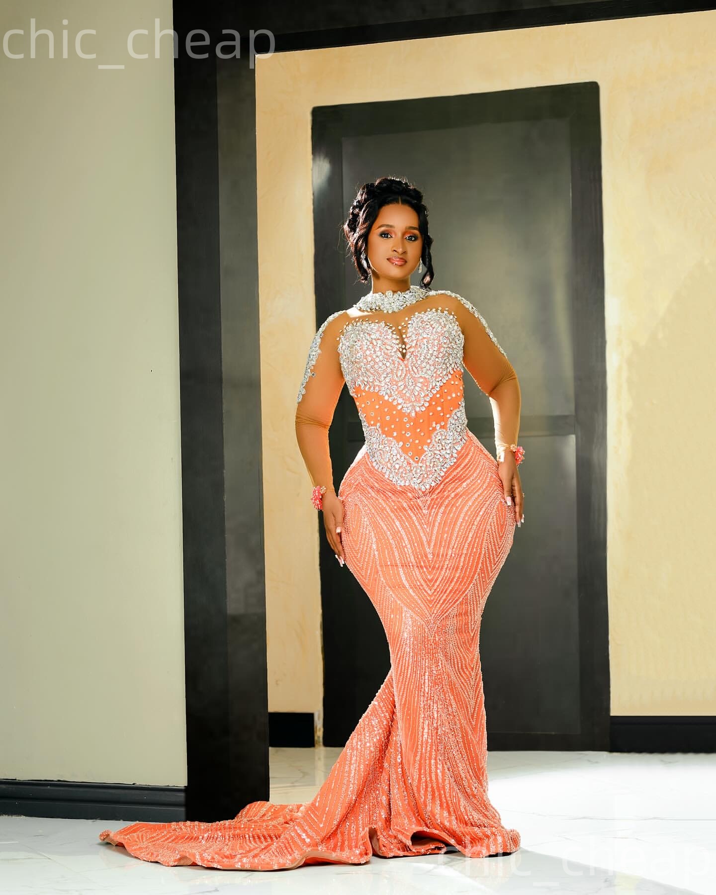 Aso Ebi Coral Mermaid Prom Dresses 2026 Beaded Crystals Full Sleeves Evening Formal Party Second Birthday Engagement Gowns Plus Size Dress For Special