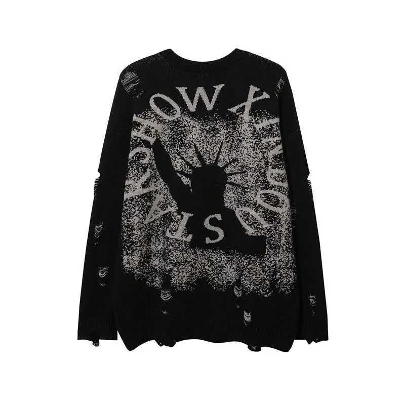 American Hole Torn Pullover Liberty Oneck Grunge Sweater for Mens Highend Loose Long Sleeved Couples Knitted Sweater Spring J251203