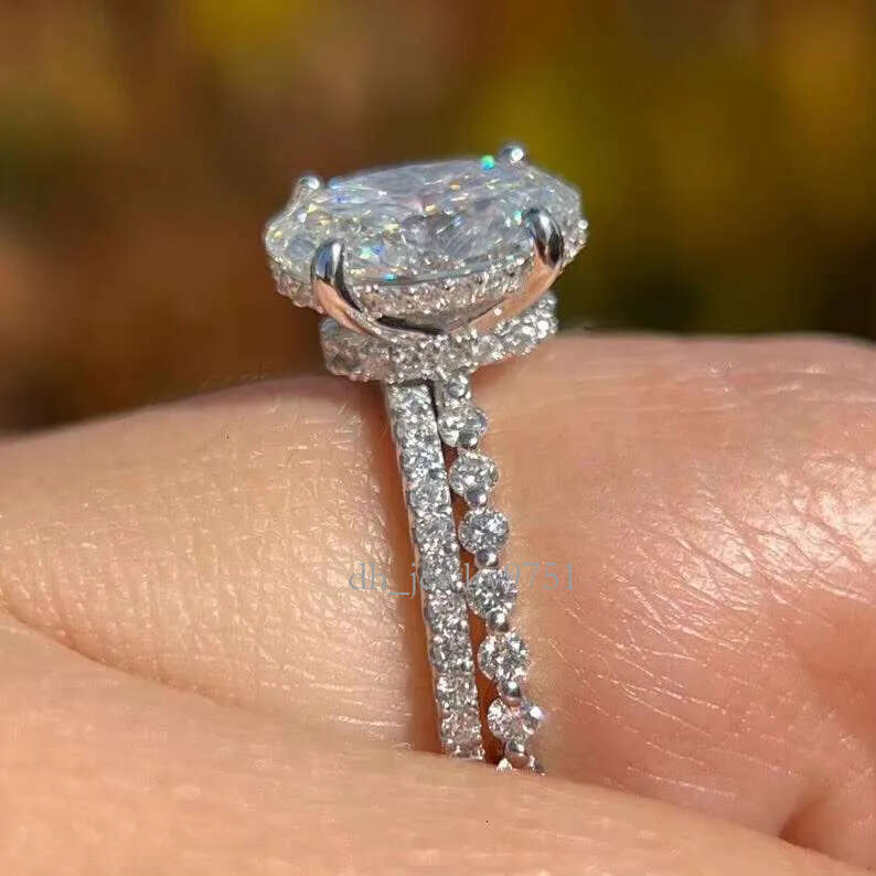 Moissanite Engagement Real White Gold Plated halo Bridal Handmade Gift Women Her Oval Anniversary Ring Set