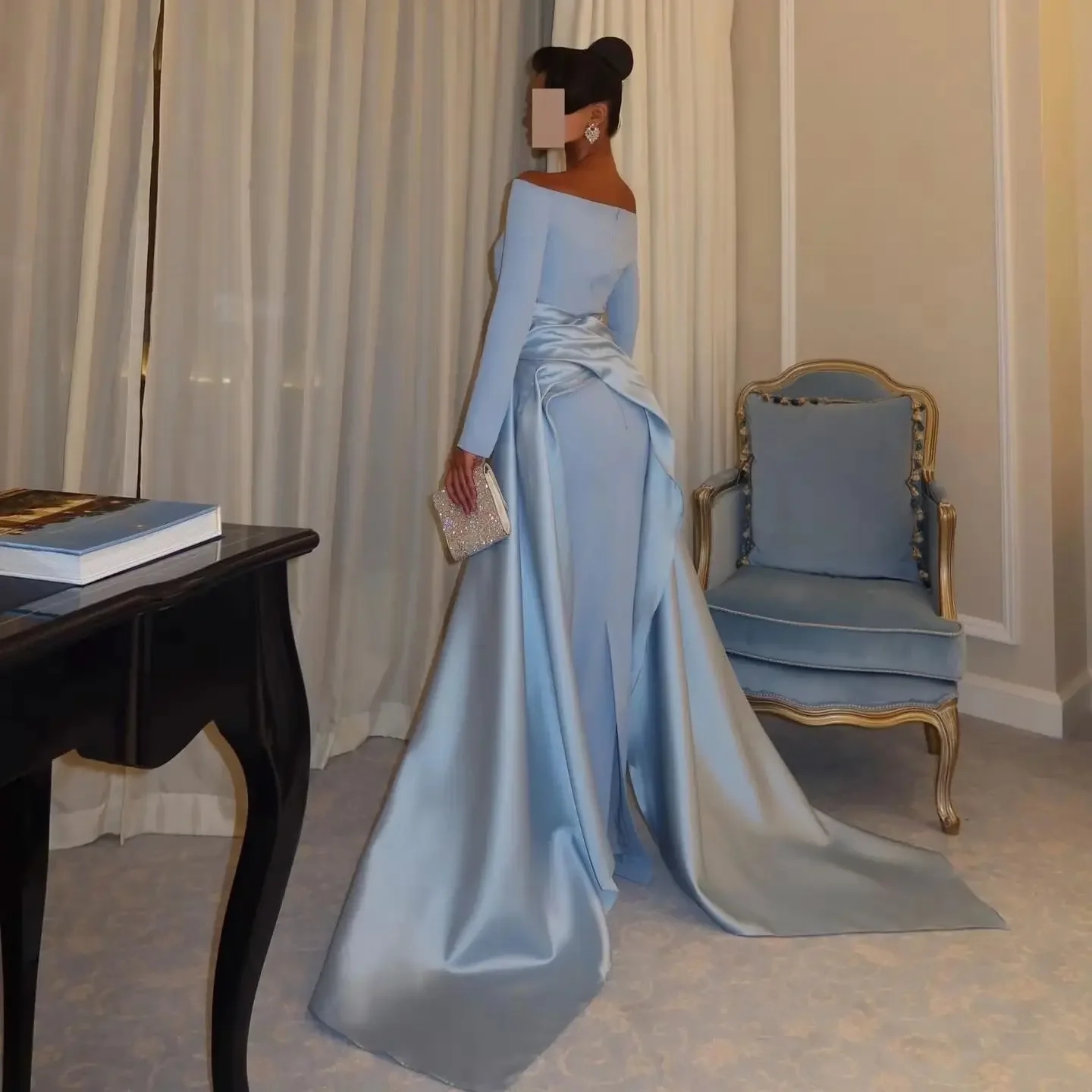 Classic Sky Blue Sheath Evening Dress Off Shoulder Pleats Long Sleeves Satin Train Formal Prom Party Gowns Pageant Robe De Soriee Gala ZD19