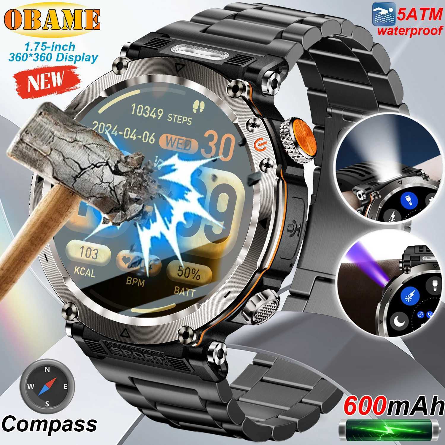 5ATM Outdoor Smart Watch Men 600mAh LED Flashlight SmartWatch Cpass call rate IP 68 Sports Smartwatch 2025 New C251203