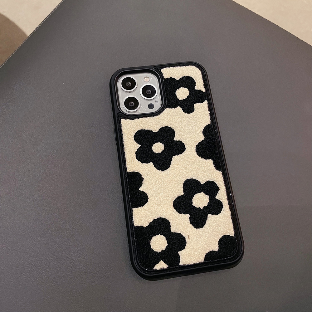 Plush Embroidered Black Flower Phone Case for iPhone 17 Pro Max, Apple 16/15/14, Autumn Winter Shockproof Cover