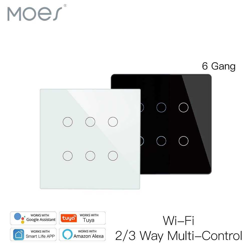 MOES 6-Gang Smart Light Switch, Wi-Fi 6 2/3-Way Multi-Control Wall Switch with Smart Remote Control, Amazon Alexa Compatible, Plastic Housing, CCC Cer