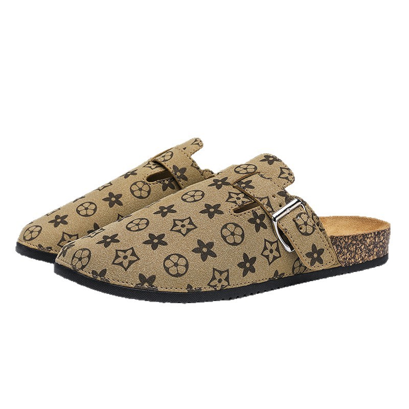 Free shipping men's monogram pattern clogs slippers fashionable buckle strap cork insole slip-on casual daily indoor outdoor men's fashion c