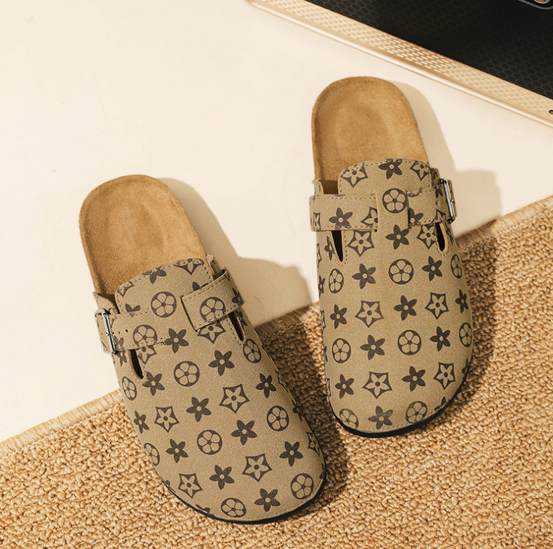 Free shipping men's monogram pattern clogs slippers fashionable buckle strap cork insole slip-on casual daily indoor outdoor men's fashion c