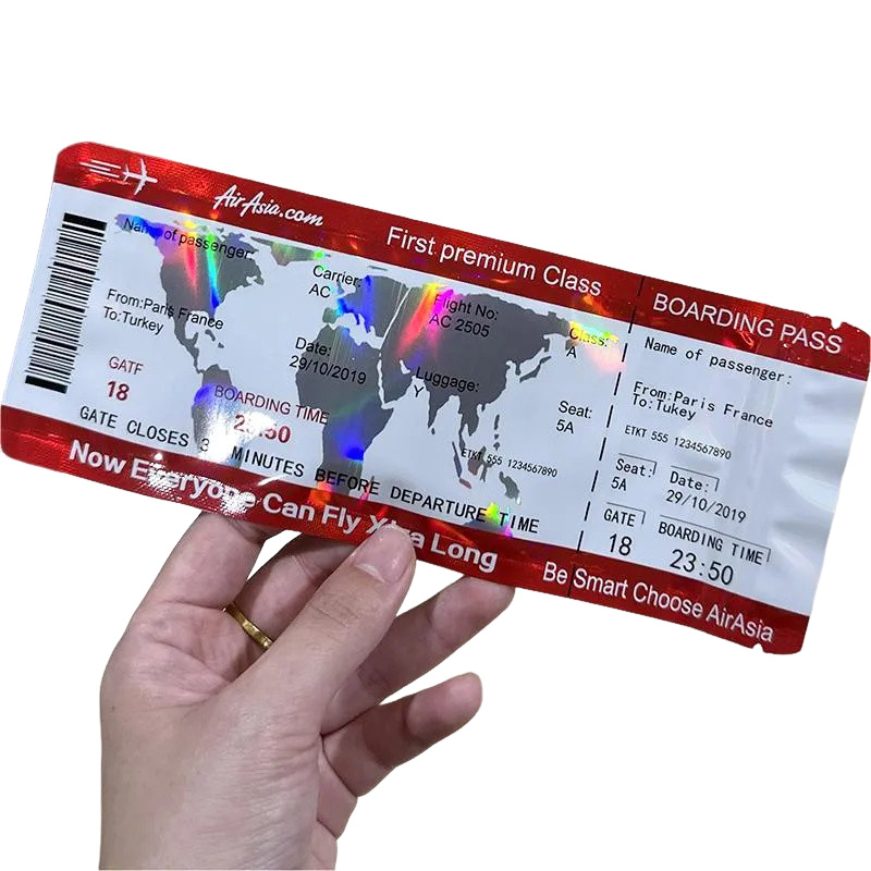 100pcs Holographic Travel Boarding Pass Shape Storage Bags Mylar Bag Laser Candy Pouch Zipper bag Self-Sealing Packaging Bags