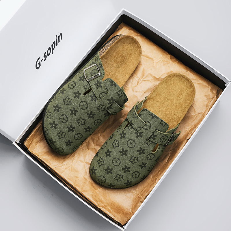 Free shipping men's monogram pattern clogs slippers fashionable buckle strap cork insole slip-on casual daily indoor outdoor men's fashion c