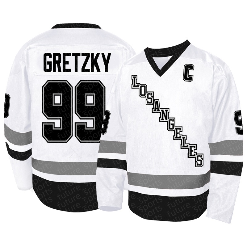 White GRETSKY men's 99 fashionable ice hockey jersey, Los Angeles V-neck embroidered retro sports shirt, classic casual and comfortable