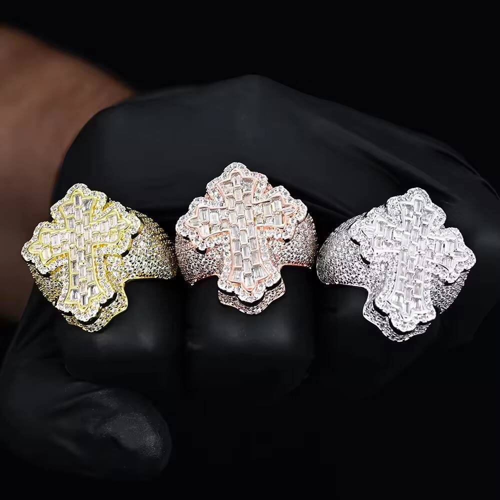 Wholesale Hip Hop Style Men Jesus 925 Sterling Silver Ice Out Baguette Cross Moissanite Ring