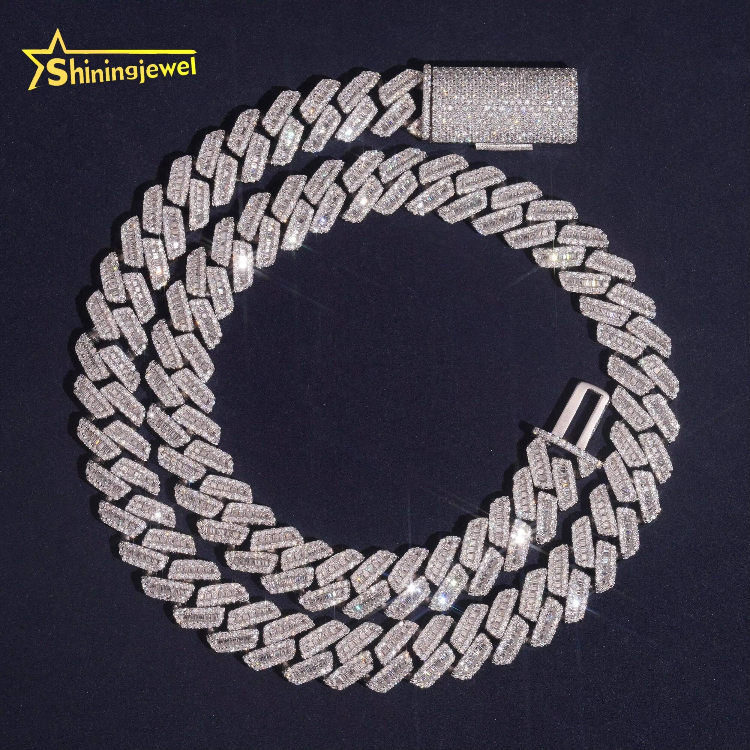 High Quality Iced Out 925 Silver 12mm Baguette Diamond Custom Hip Hop Necklace Cuban Link Chain