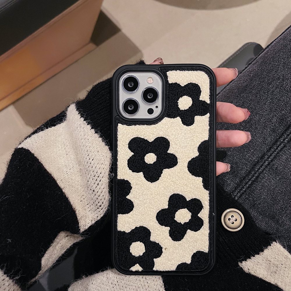 Plush Embroidered Black Flower Phone Case for iPhone 17 Pro Max, Apple 16/15/14, Autumn Winter Shockproof Cover