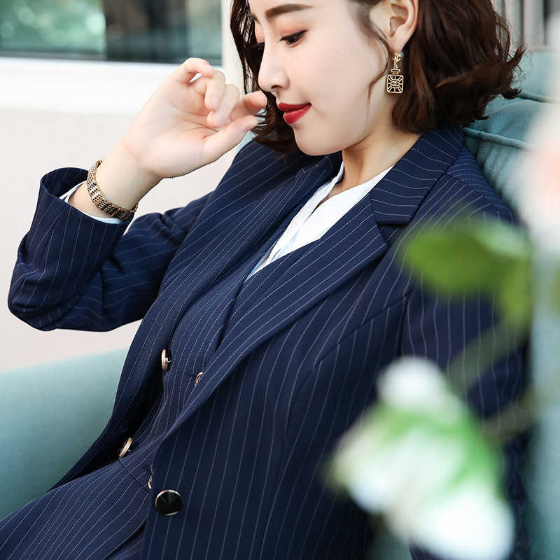 Fashion Autumn Winter Womens Pants Set Womens Blue Striped Womens Work Clothes Jacket and Trouser Formal 2-piece Set W241009