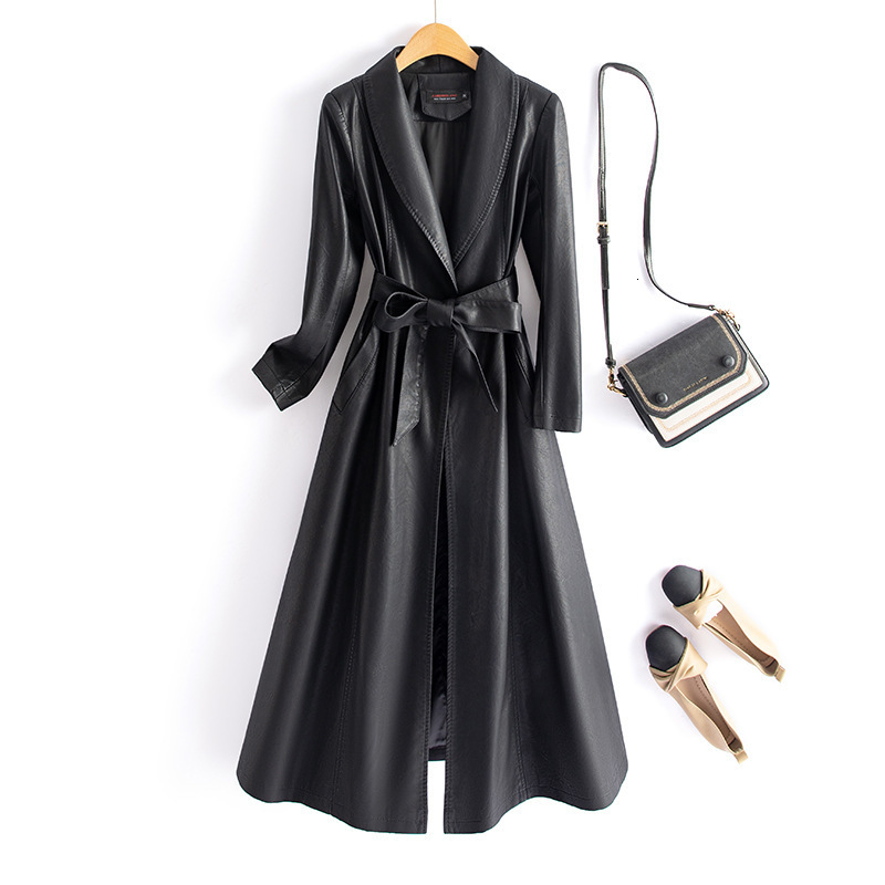 2024 Kafuland Autumn Winter New Korean Style Leather Trench Coat Women PU Leather Jacket Long Slim Fit Leather Coat Plus Size 817 241122