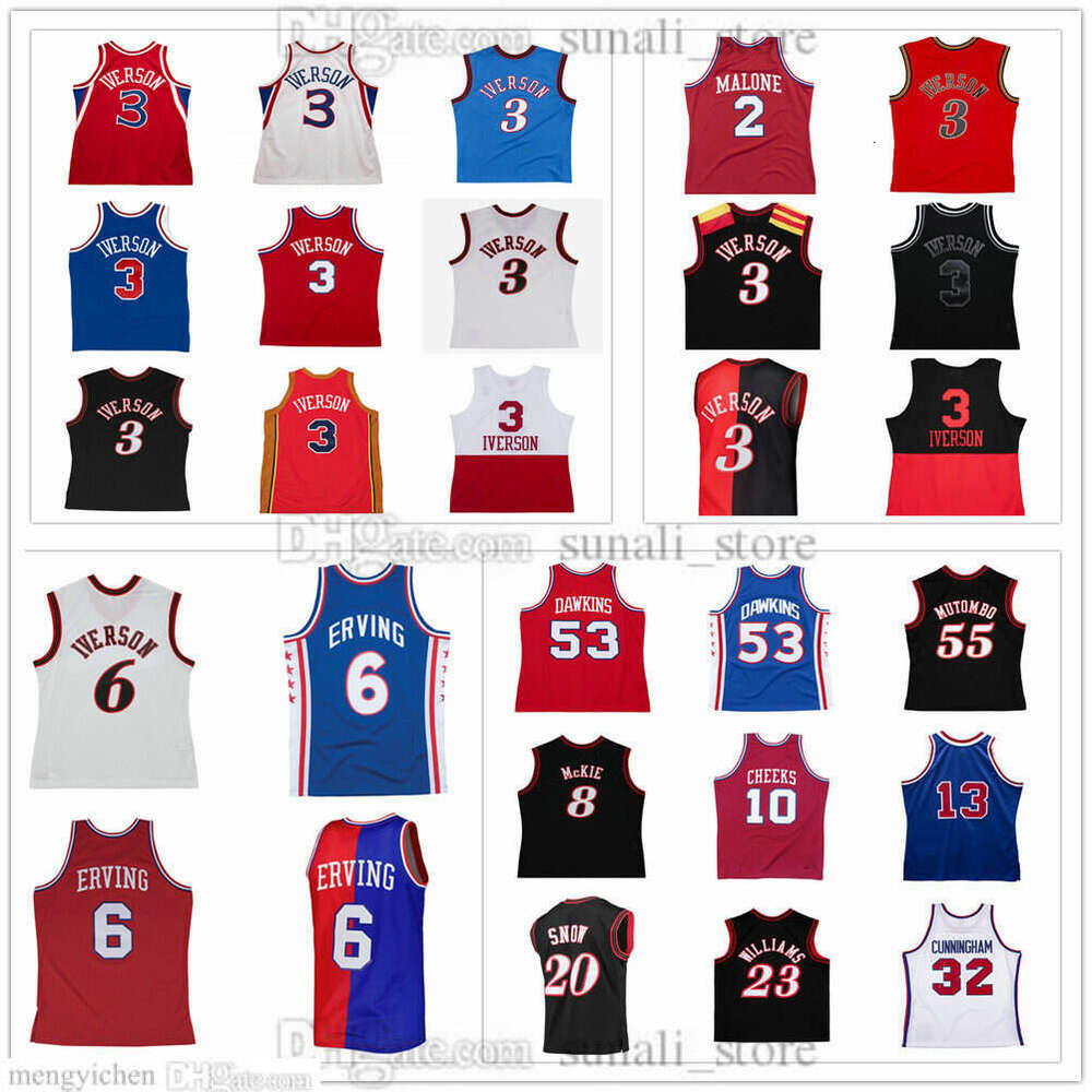 Retro Men's XS-6XL Basketball Jersey 3 Iverson Julius 6 Erving Darryl 53 Dawkins Moses 2 Malone Aaron 8 Mckie Eric 20 Snow Lou 23 Williams Dikembe 55 Mutombo Vintage
