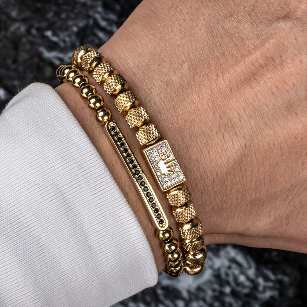 2pcs/set Charm Bracelet Men Stainless Steel Bracelet Beads Gold Color Bracelet For Men Cz Zircon Crown Bracelet