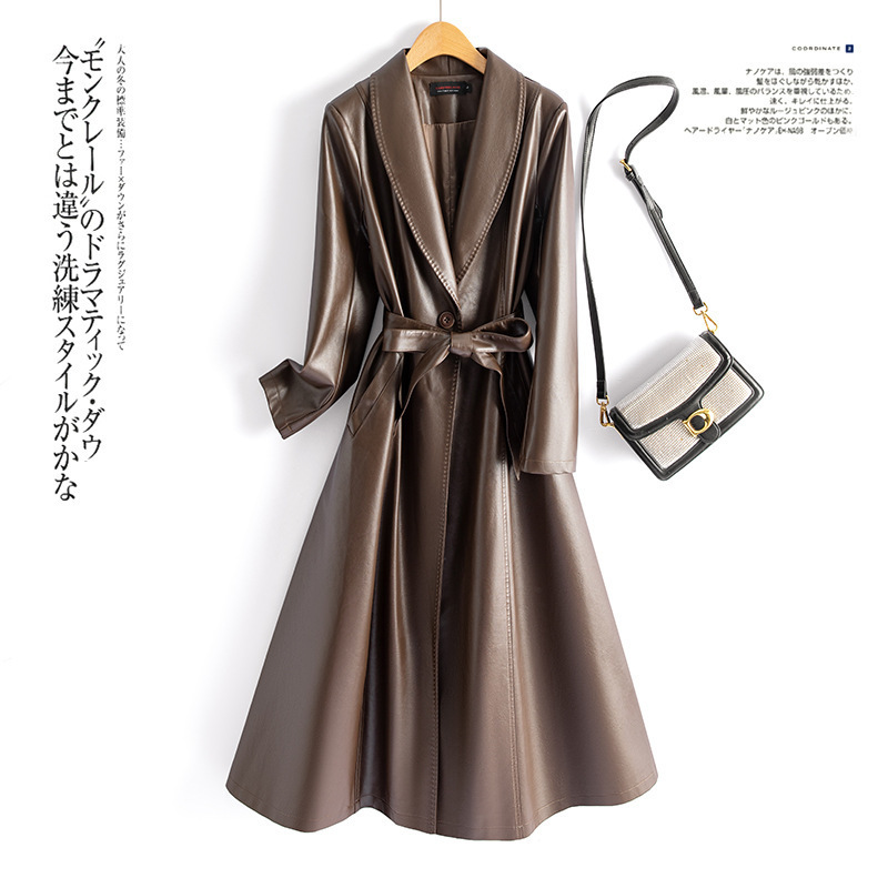 2024 Kafuland Autumn Winter New Korean Style Leather Trench Coat Women PU Leather Jacket Long Slim Fit Leather Coat Plus Size 817 241122