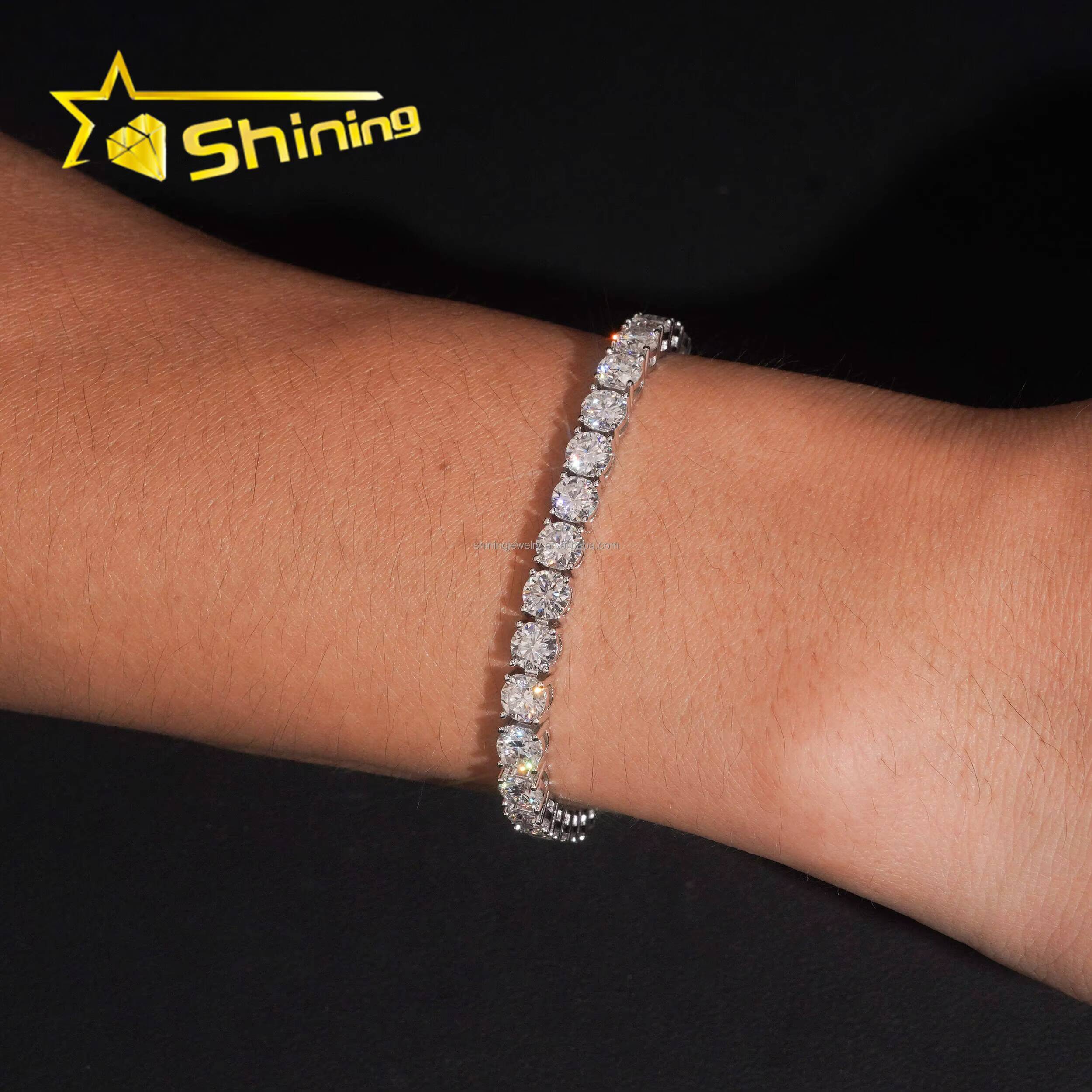 In Stock Ship in USA Warehouse Hip Hop Fire Jewelry FL 5mm Moissanite Prong Setting S925 Solid Silver Iced Out Tennis Bracelet