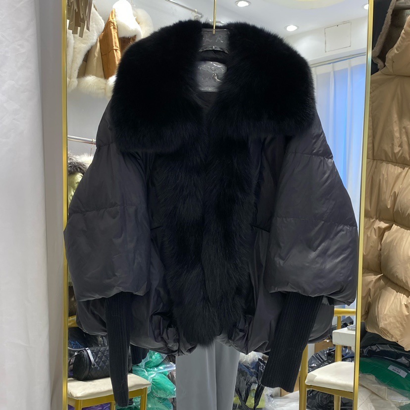 Fur Large Fox Fur Collar White Duck Down Jacket Womens Warm Knitted Sleeve Coat Trendy 241022