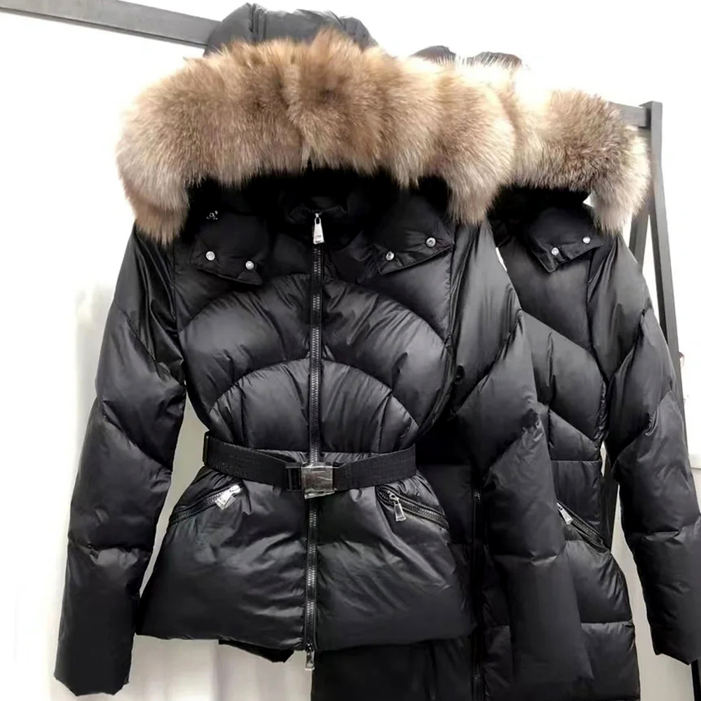 Womens puffer jackets coat designer jacket women winter boed short down jackets fur coats real raccoon hair collar long parkas with belt ladies outerwear black white