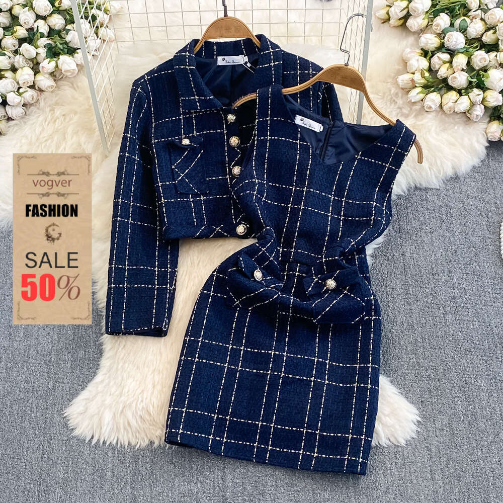 Dress for Women Designer Luxury Spring Autumn Winter Socialite Elegant Long Sleeve Tweed Coat Two-Piece Set Waist-Cinching Vest Bodycon