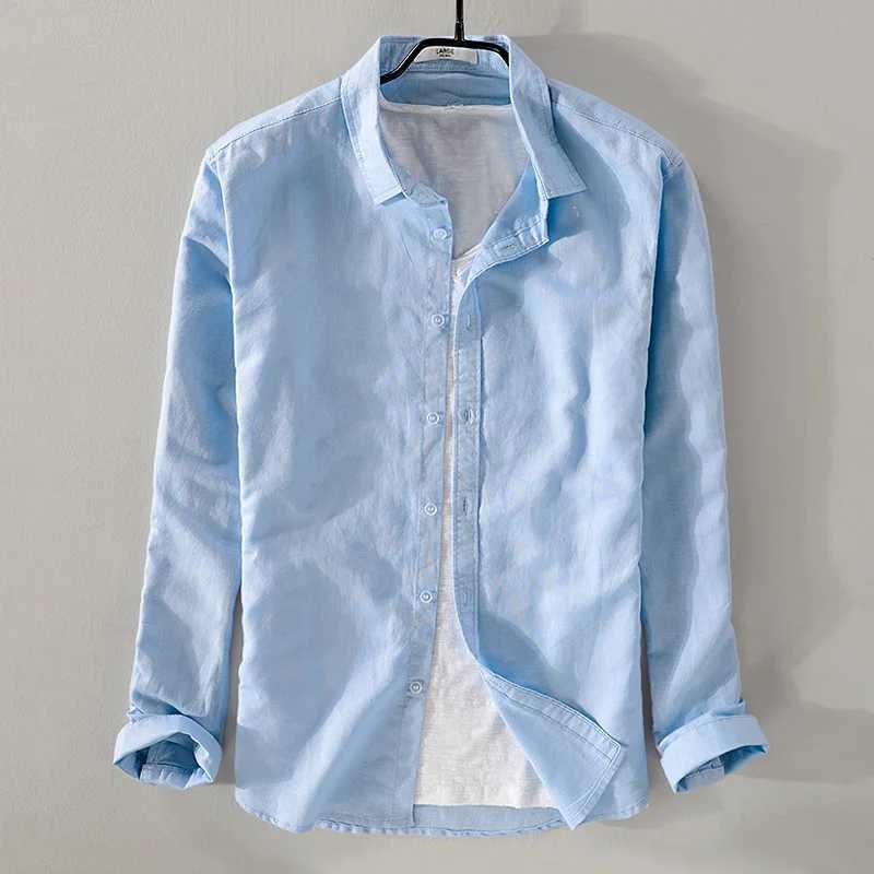 New style sky blue shirt men brand linen solid fashion long sleeve square collar cotton shirts for men camisas chemise M260305