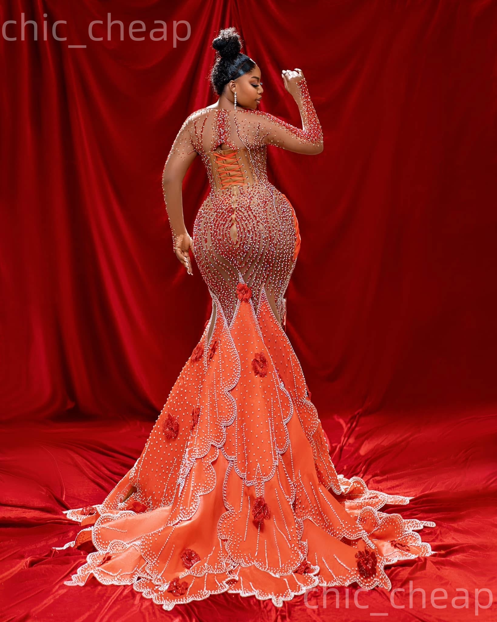 Aso Ebi Burnt Orange Mermaid Prom Dresses 2026 Flowers Crystals Illusion Evening Formal Party Second Birthday Engagement Gowns Dress For Special Occas