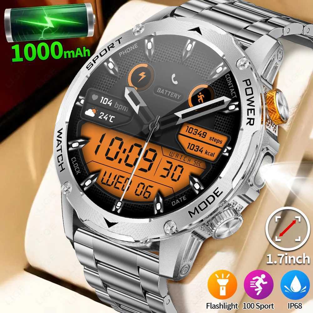 LIGE Smart Watch Man 1000mAh Long Standby Outdoor Smartwatch Men LED Flashlight Waterproof Rate Sport BT Call Smartwatches C251203