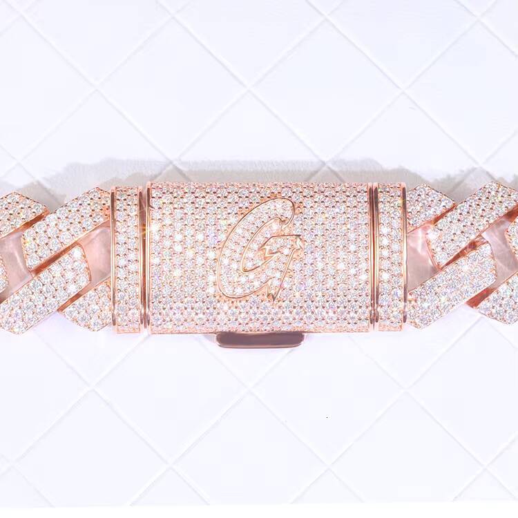 Hot Sale Customizable Miami Style Cuban Chain 255mm Wide 3 Rows VVS Moissanite Pink Color Hip-hop Silver 3 Rows VVS Moissanite