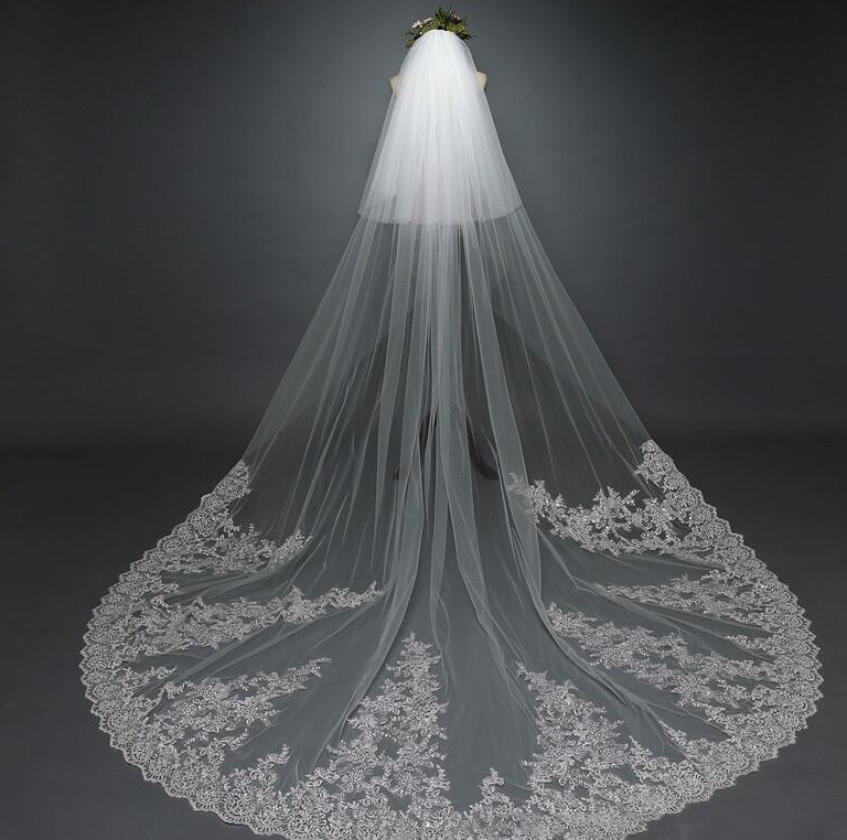 Princess Wedding Bridal Veil Two Layer 3M Cathedral Lace Flower With Comb Wedding Accessories Customized velos de novia
