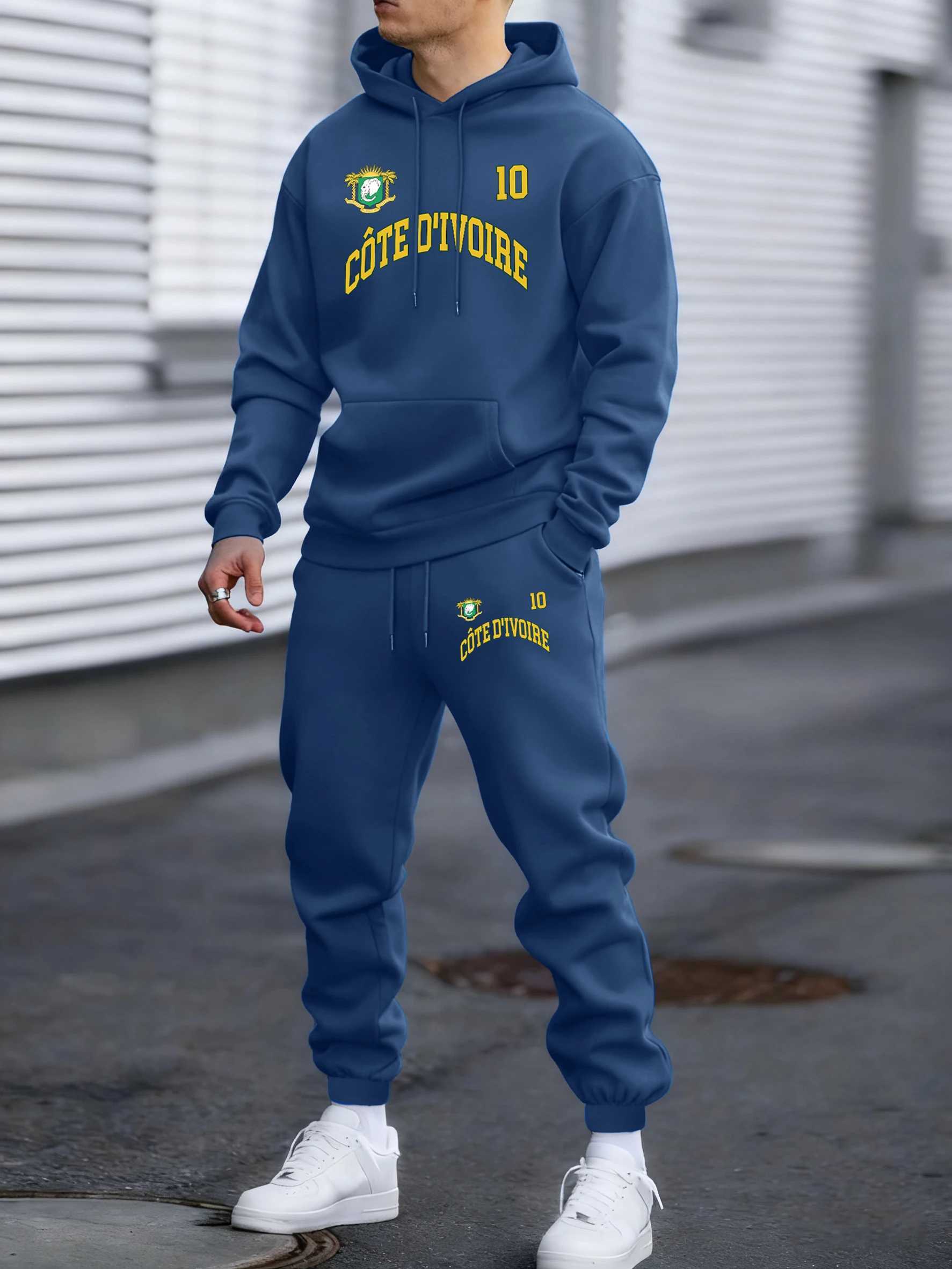 Cote DIvoire Emblem Prints Sport Fashion MenS Hoodies 2 Piece Set Warm Drawstring Britches AutumnWinter Jogging Sweatshirts S25122