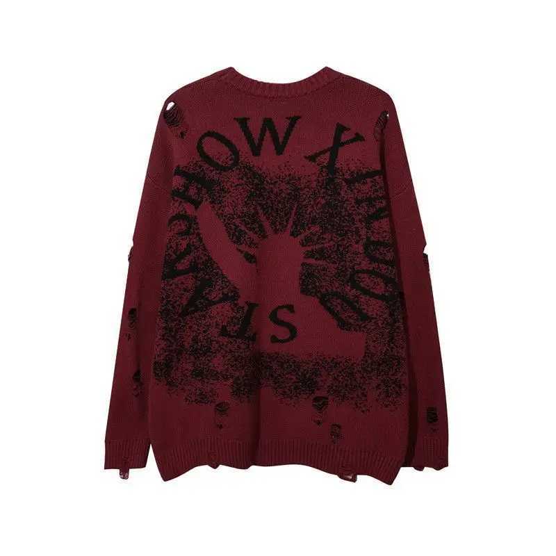 American Hole Torn Pullover Liberty Oneck Grunge Sweater for Mens Highend Loose Long Sleeved Couples Knitted Sweater Spring J251203