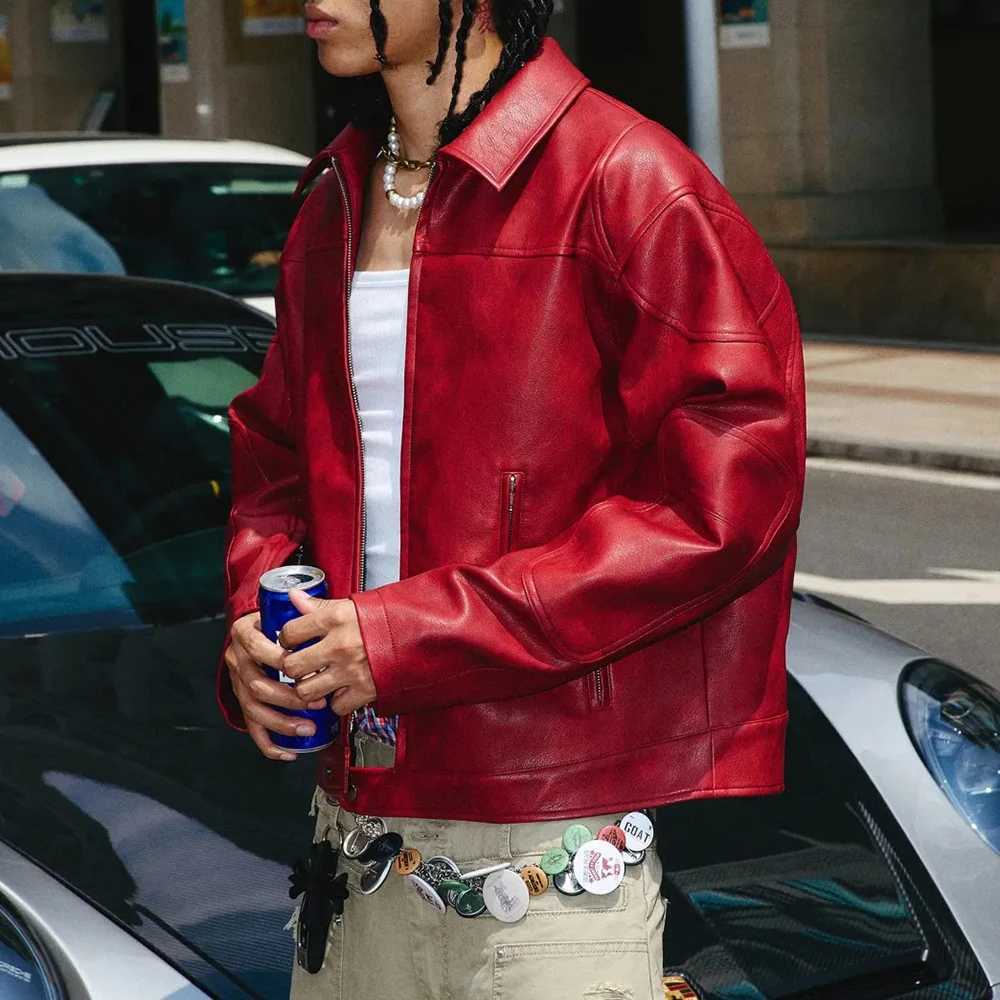 Mens Red Long-Sleeved Pu Leather Jacket American Retro Fashion Trend Street Hip-Hop Loose Casual Niche 2025 Mens New JacketT251204