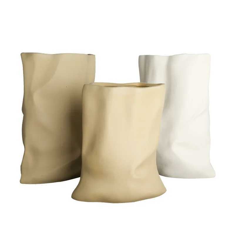 Ceramic Vase Pocket Shape Bag Fold Flower Vase Floral Arrangement Accessories Terrarium He Decoration Accessories H251204