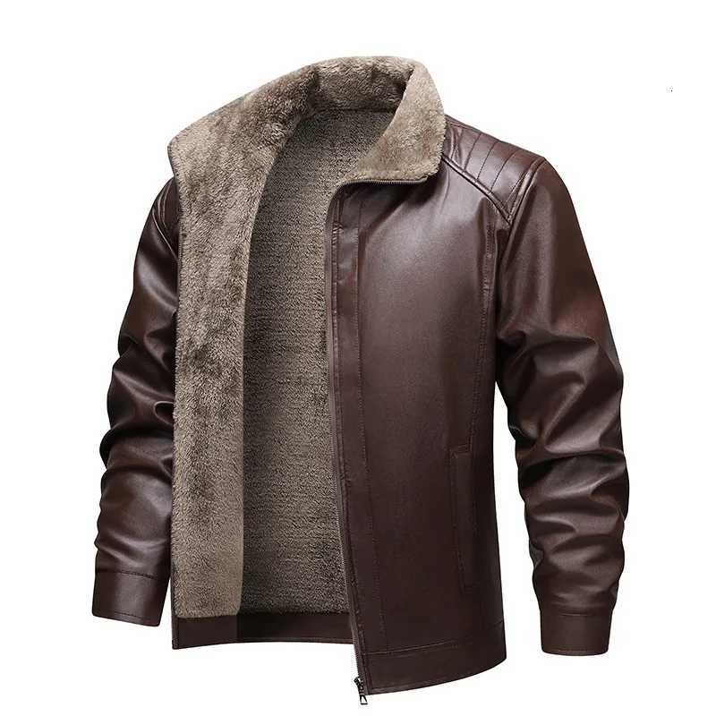 2025 New Mens Faux Leather Jacket Thick Fleece Lined Winter Coat Modern Stylish Square Collar OuterwearT251204
