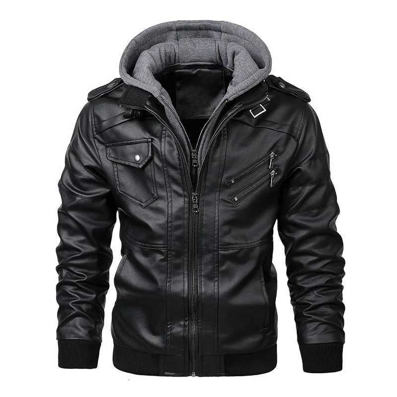 Fake Two Piece Leather Jacket Mens Double Zipper Hooded Bike Leather Jacket Removable With Hat JacketT251204