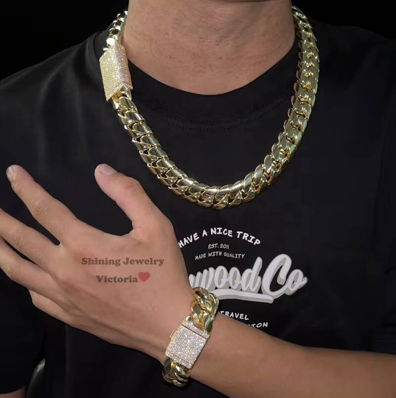 GRA Certificated 20MM 14k Gold Plated 999 Silver Tight Link Iced Out Cuban Link Chain with Moissanite Lock