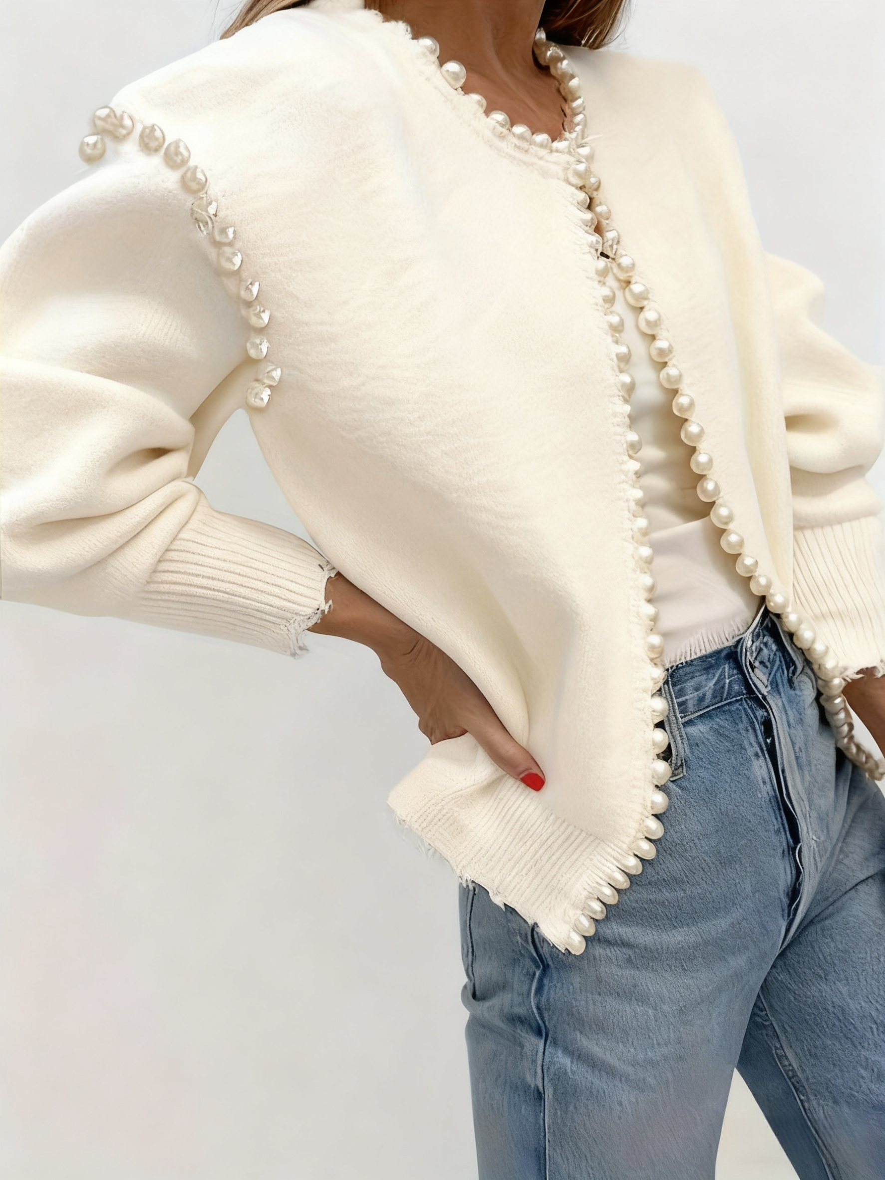 Women's Elegant Pearl-Decorated Cardigan Coat: Soft Knit Fabric, Pearl-Trimmed Design, Stylish Casual Outerwear Perfect for Daily & Chic Outfits 