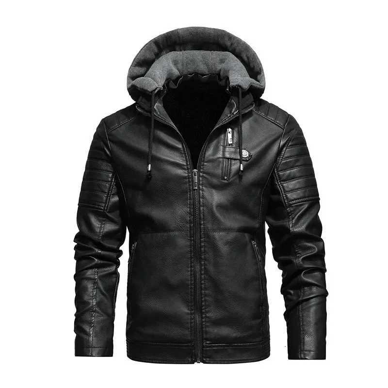 Casual Fashion Leather Jacket White Motorcycle Jackets Men Autumn Fleece Liner Pu Leather Coats Male Hood Winter Male ClothingT251204