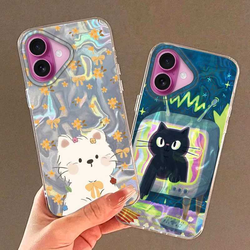 Flower Cute Black Cat Fish Phone Case For iPhone 16 15 14 13 12 Pro Max Plus 11 16E 7 8 SE 2020 2022 X XS XR Soft Cover H251203