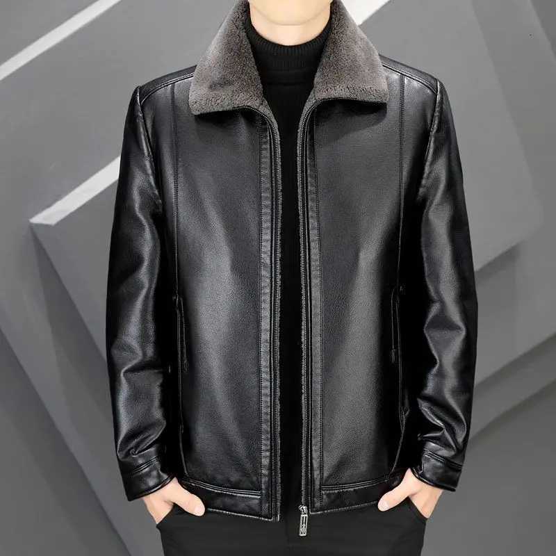 Lapel Warm Middle-aged and Elderly Autumn Winter Short Mens Leather Jacket Winter CoatT251204